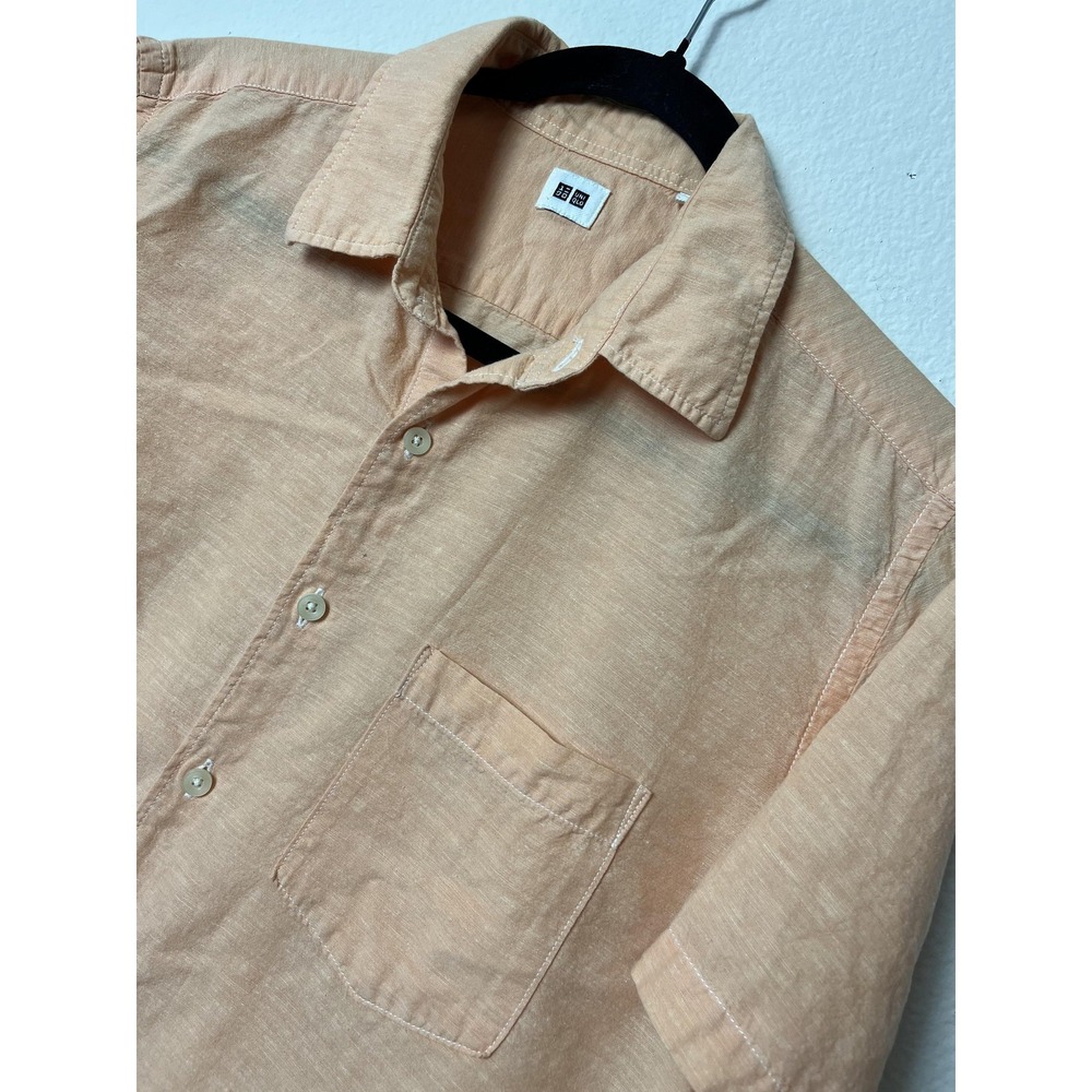 Uniqlo Shirt Mens Medium Peach Pink Short Sleeve Linen Cotton Button Up Casual‎